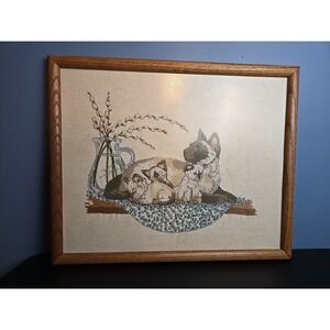 Mother's Pride Siamese Cat & Kittens Crewel Embroidery Completed Framed 21x17.5
